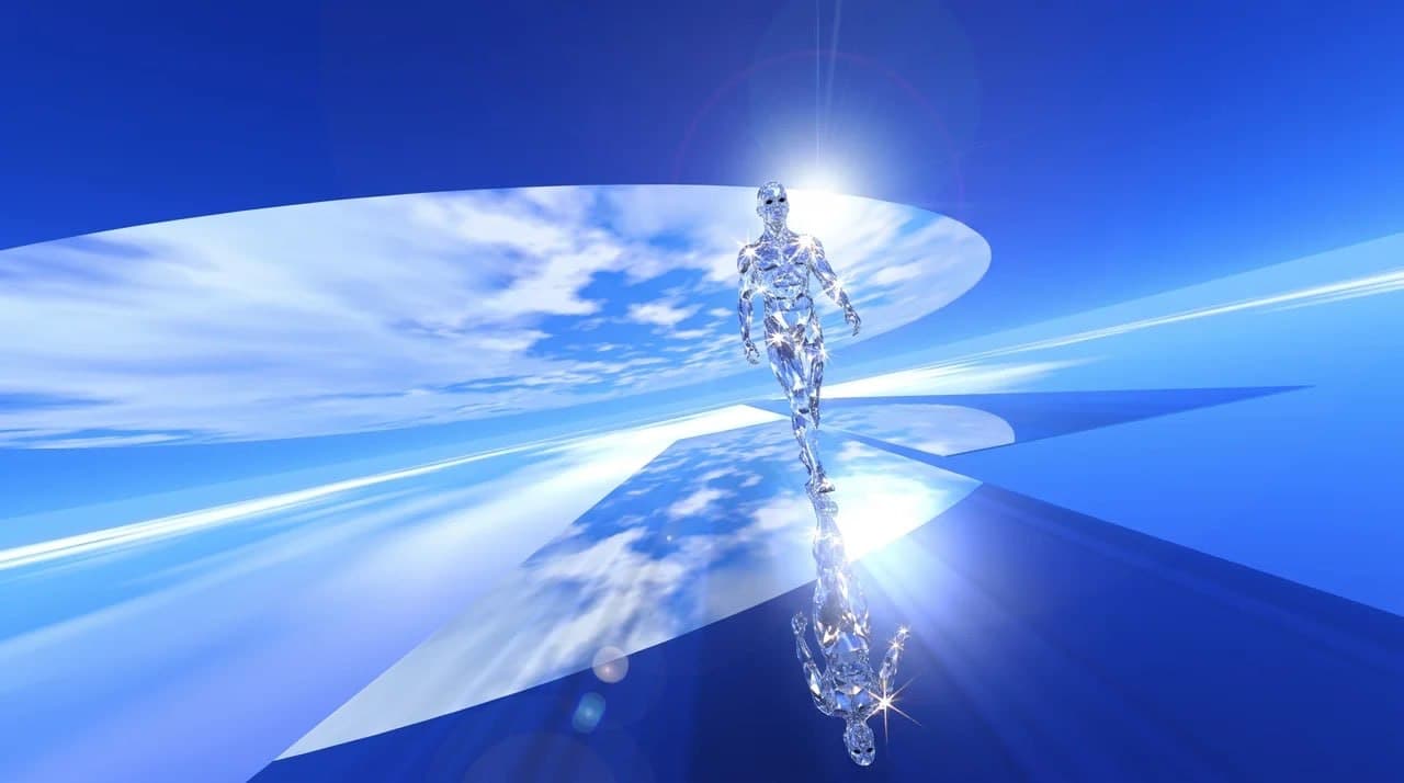 The diamond figure crossing a surreal blue landscape