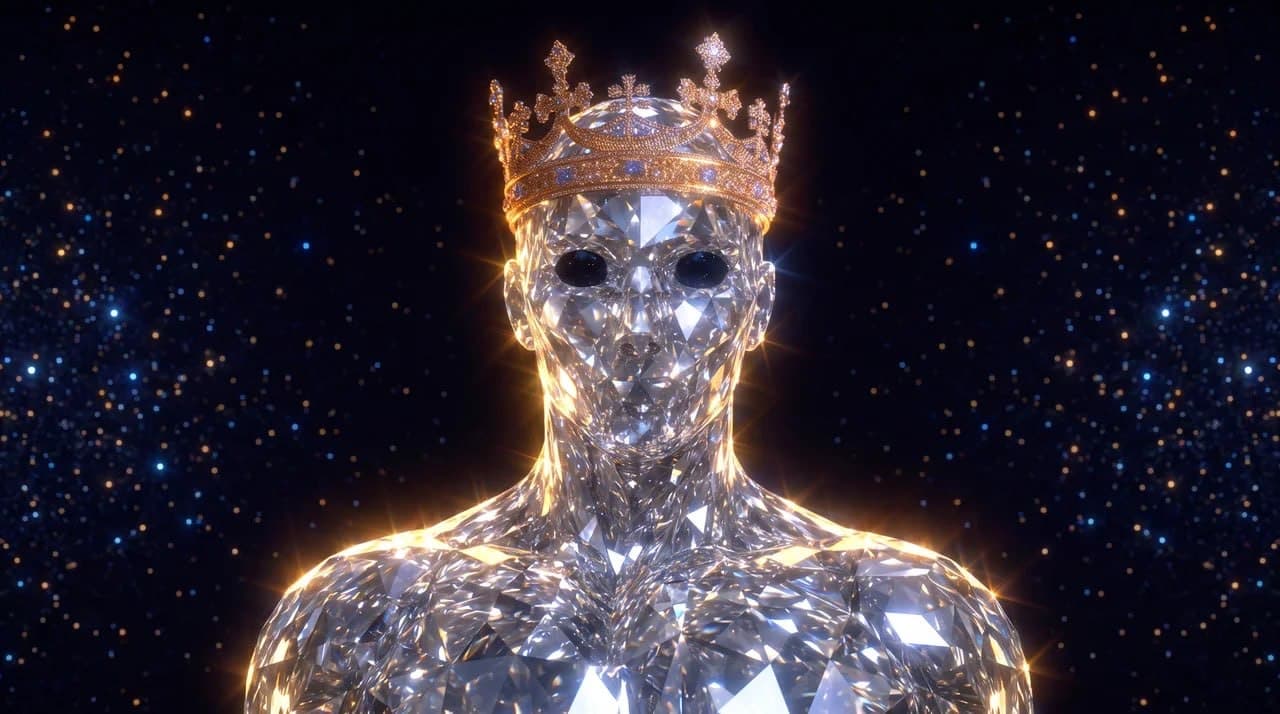 The crowned diamond figure beneath a field of stars
