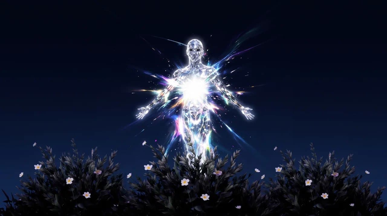 A radiant diamond figure emerging from darkness