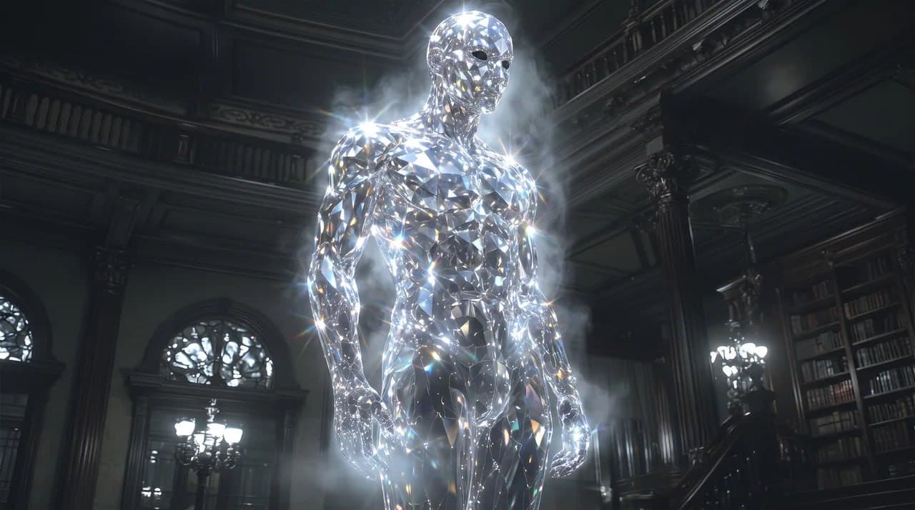 The diamond entity standing unshaken in a shadowed hall